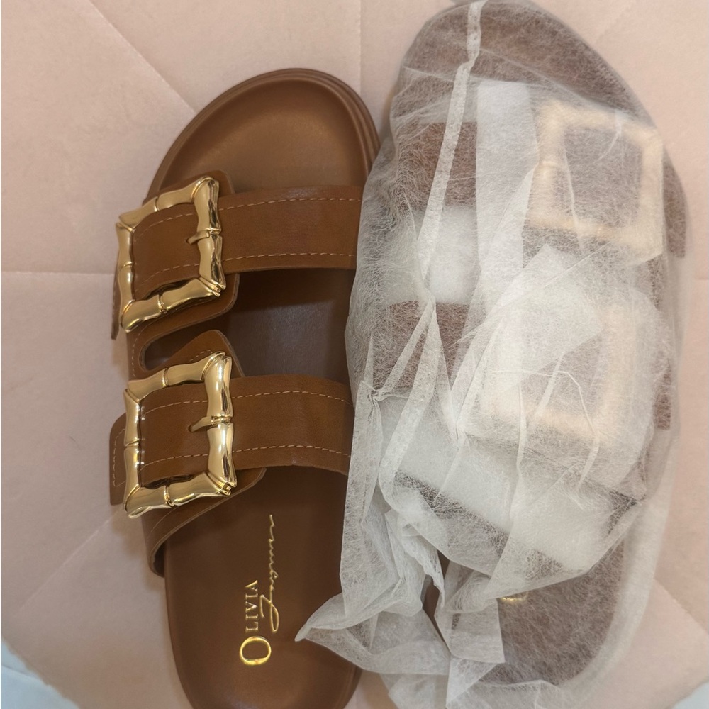 Miss Lola Brown Gold Buckle Sandals